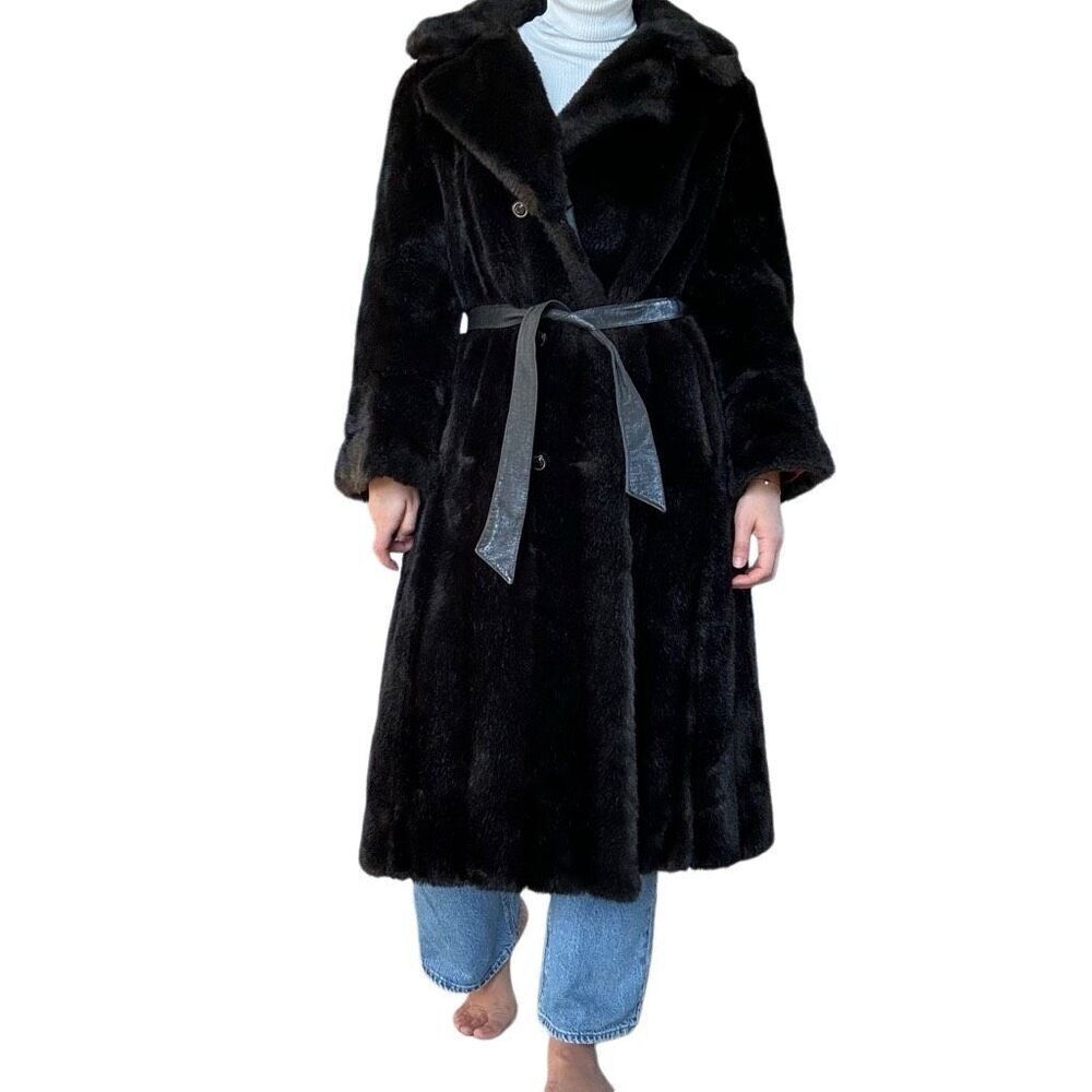 Vintage 70s Diamonte Faux Fur Coat Black Brown Mob Wife Size Medium Classic - Picture 2 of 10